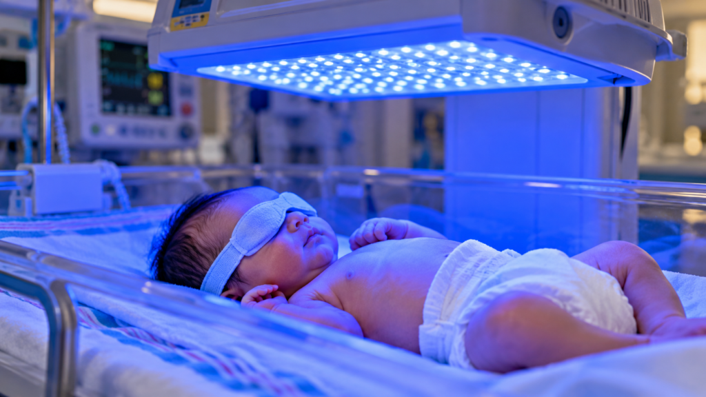 Newborn receiving blue LED phototherapy for jaundice in a hospital