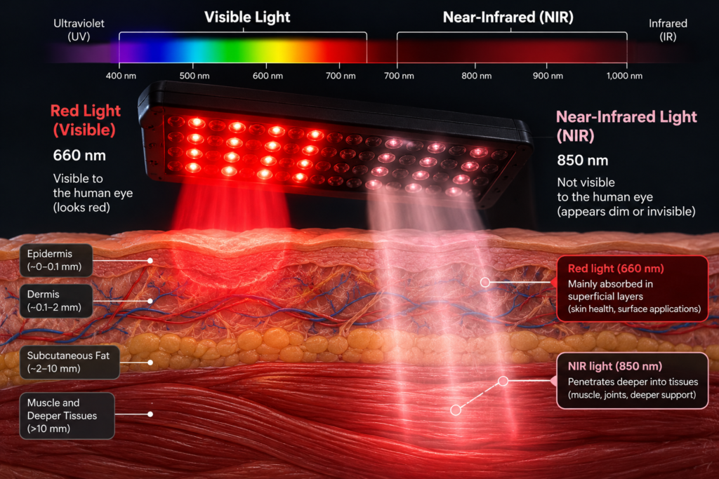 Near-infrared light therapy pad emitting red light during a home wellness session